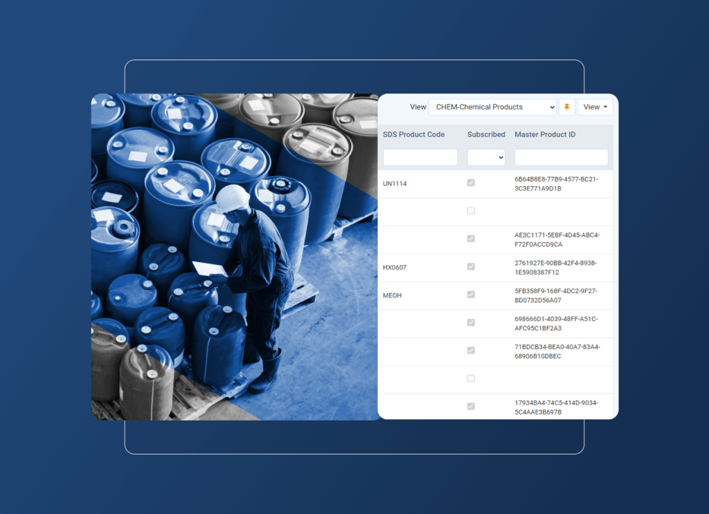A worker wearing a hard hat inspects rows of blue chemical barrels, common in the energy industry. Overlaid on the right is a digital interface displaying an accordion section with a list of chemical product codes and IDs.