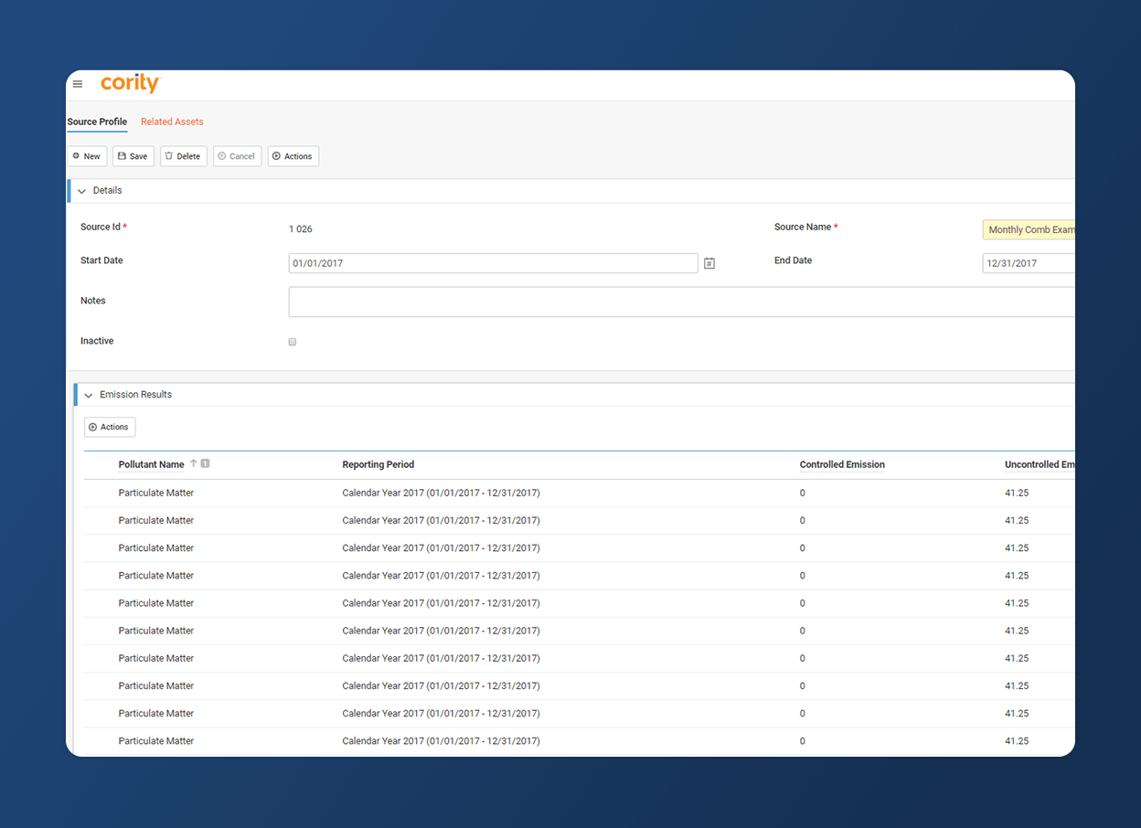 A screenshot of the Cority web application displays an emissions data entry form tailored for the Energy Industry, featuring fields for source ID, dates, and notes, plus an Accordion Section and a table listing particulate matter emissions by year.