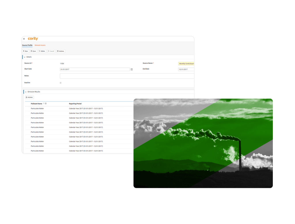 A screenshot of an industrial hygiene software emissions reporting dashboard overlays a photo of industrial smokestacks emitting smoke, with a green diagonal stripe across the image.