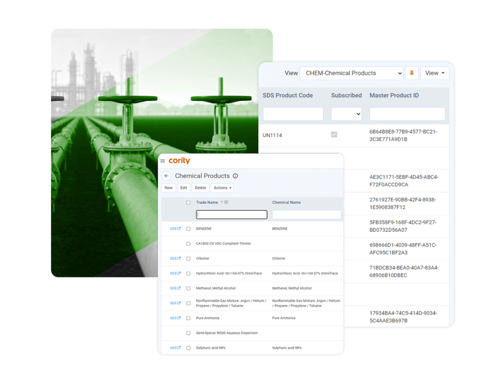 A split image shows industrial green pipelines on the left and two digital interface screens on the right featuring Cority’s Industial Hygiene Software for chemical product tracking and safety data management.