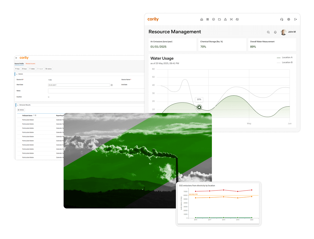 A collage of dashboard screens showing resource management data, water usage graphs, and emission statistics illustrates environmental management solutions, with a black-and-white photo of clouds and hills partially overlaid with a green stripe.