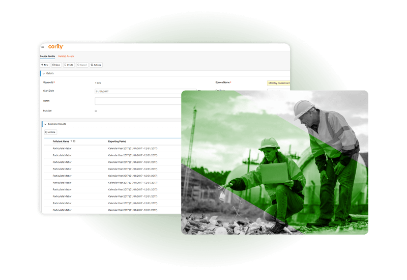 A screenshot of a software dashboard listing procedure results, overlaid with a green-tinted photo of two construction workers examining plans at a job site, highlights advanced environmental management solutions in action.