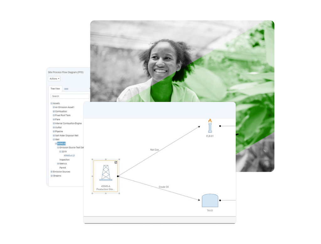 A smiling person outdoors is overlaid by a semi-transparent screenshot of waste management software, displaying a process flow diagram with labeled equipment and connections.