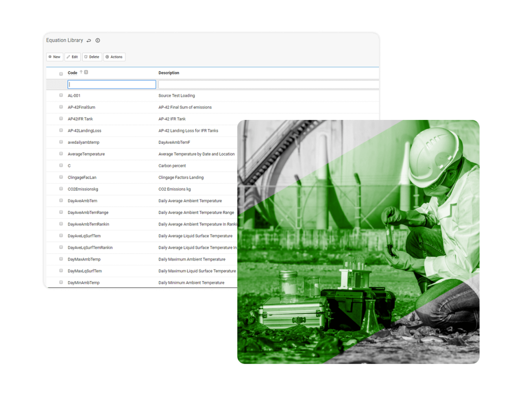 A screenshot of an equation library table with codes and descriptions is overlaid with a green-tinted photo of a person in safety gear working at an industrial site, highlighting the use of Industrial Hygiene Software.