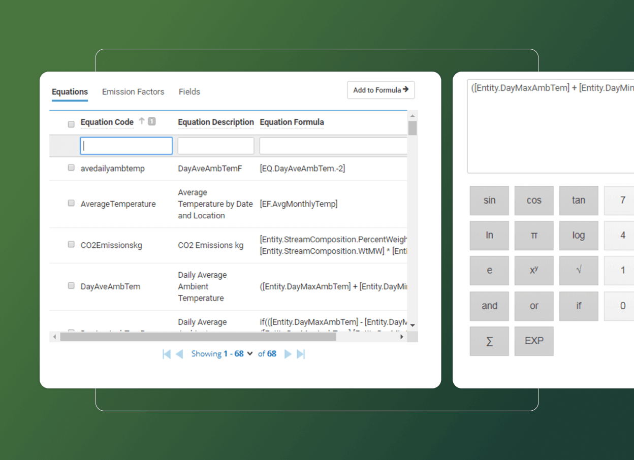A screenshot shows a table of equations with codes, descriptions, and formulas on the left, and a calculator interface on the right. The green gradient background evokes environmental management solutions and highlights sustainability themes.