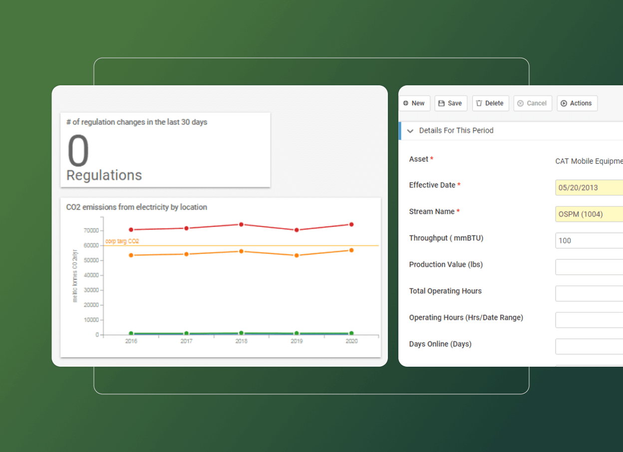 A dashboard displays a line graph of CO2 emissions by location from 2015 to 2019, plus a regulation tracker with zero changes. On the right, an editable form collects equipment and operating details for effective environmental management solutions.