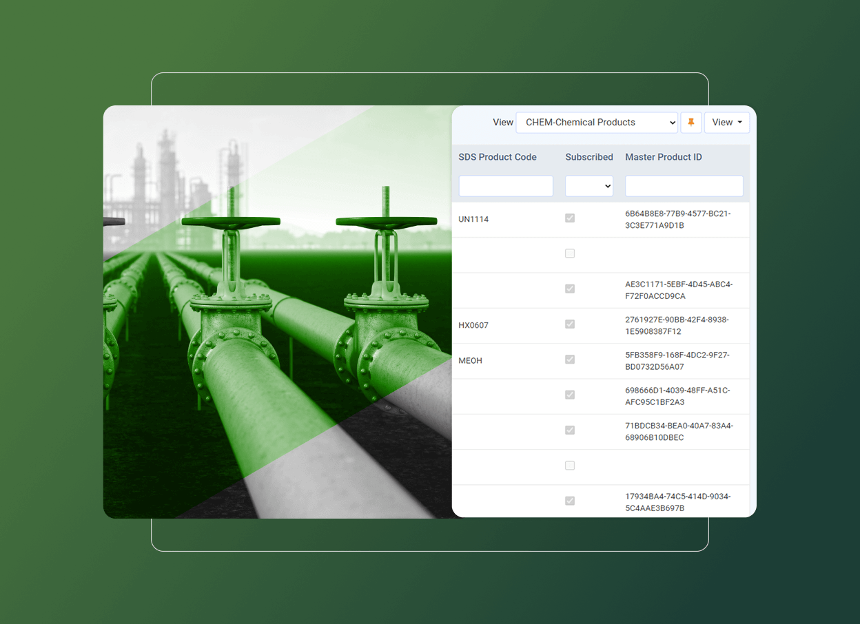 A digital interface displays a list of chemical product codes and IDs beside an industrial photo of green and gray pipelines with valves, highlighting environmental management solutions against a blurred factory background.