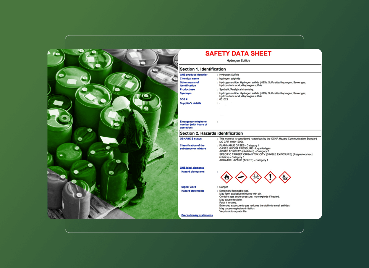 A worker wearing a hard hat inspects large green chemical barrels. Next to the image, a safety data sheet for hydrogen sulfide highlights hazard information, safety symbols, and the importance of environmental management solutions.