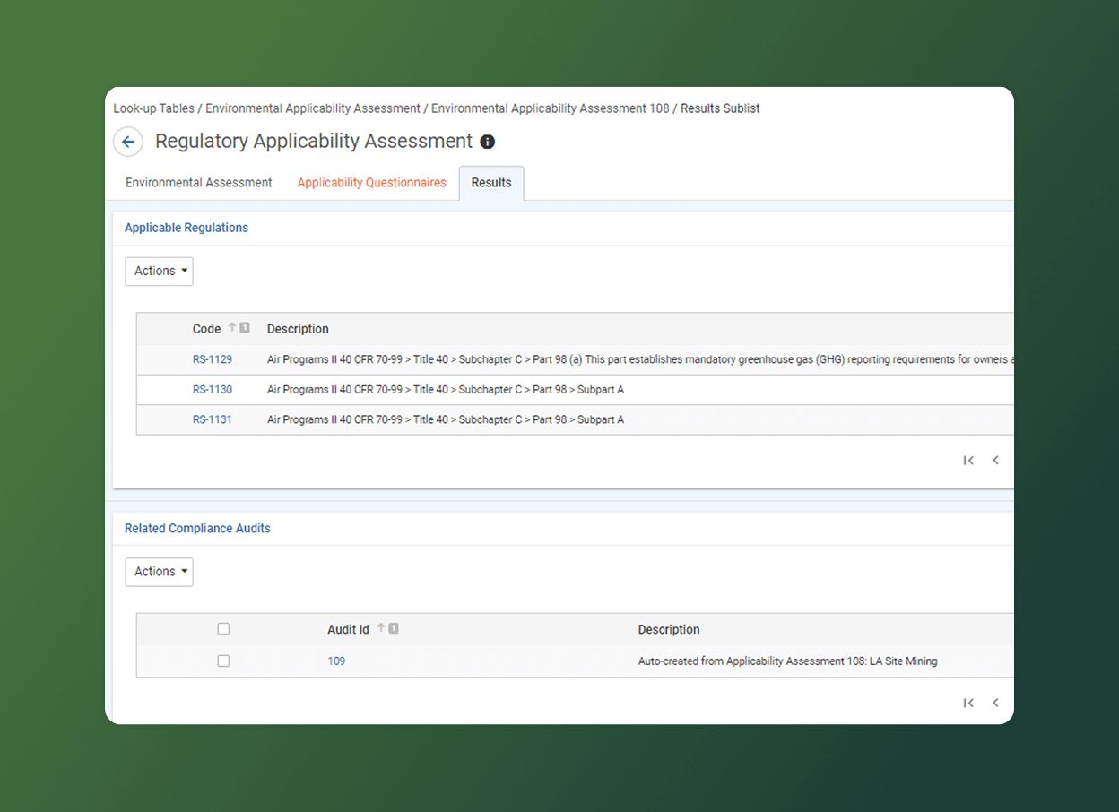 A web page shows a Regulatory Applicability Assessment with tabs for assessment, questionnaires, and results. It lists applicable regulations, related compliance audits, and highlights environmental management solutions on a green gradient background.