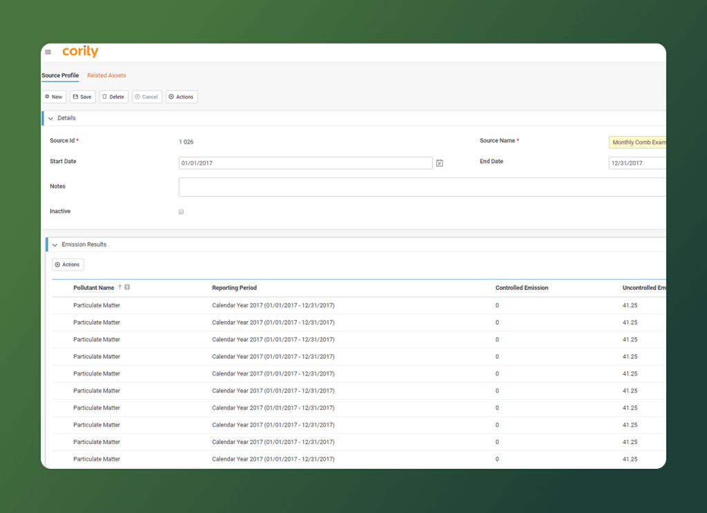 A web dashboard provides environmental management solutions by displaying emission data for Particulate Matter with reporting periods, controlled and uncontrolled emissions, plus options to edit or delete entries on a green gradient background.