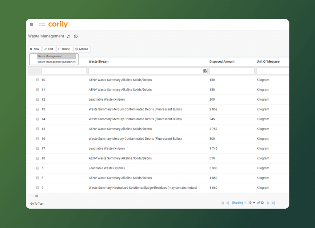 A digital waste management dashboard powered by environmental management solutions displays a table with waste streams, disposed amounts, and units of measure in kilograms. The Cority logo is at the top left, set against a green gradient background.