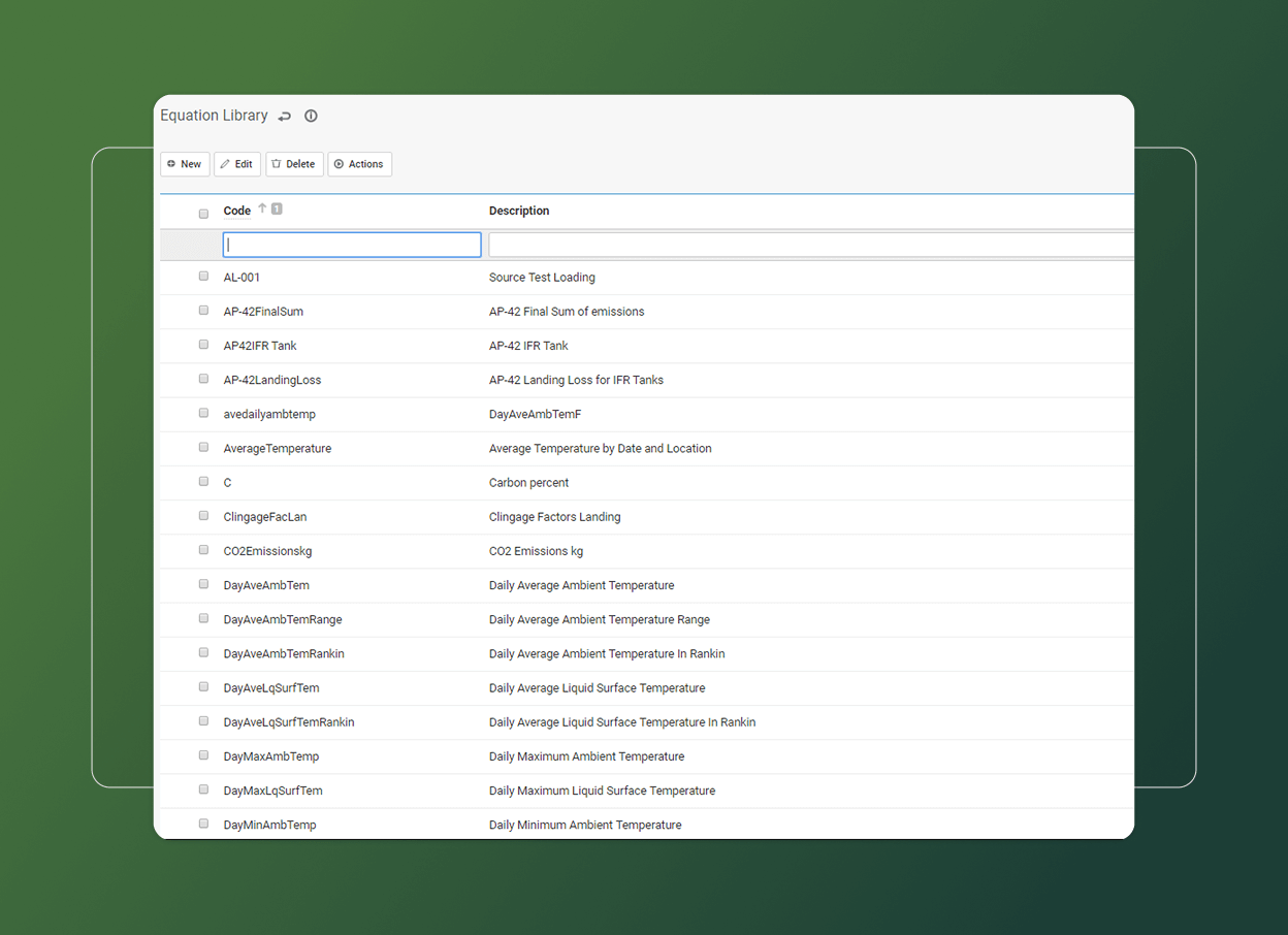 A computer screen displays an Equation Library table with columns for code and description, listing equations like Source Thrust Loading and CO2 Emissions kg, set on a green gradient background that emphasizes environment-friendly features.