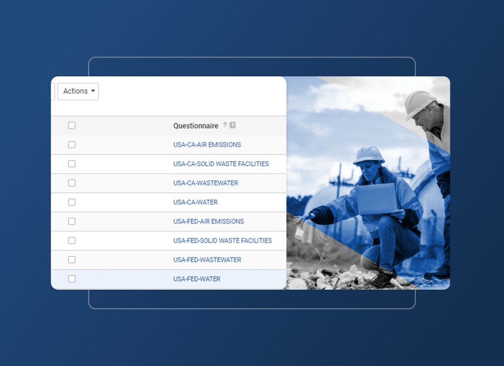 A digital interface displays an Accordion Section listing environmental questionnaires, such as air emissions and water, overlaying a blue-tinted photo of two construction workers inspecting documents at a food industry worksite.