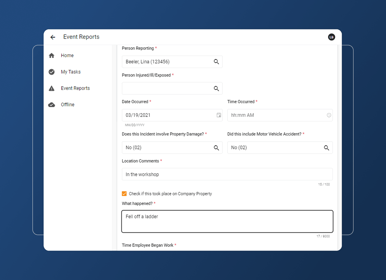 A digital event report form for the Food Industry is displayed on a blue background. Fields include person reporting, person injured, date and time occurred, location, property damage, vehicle accident, and an Accordion Section for describing what happened.