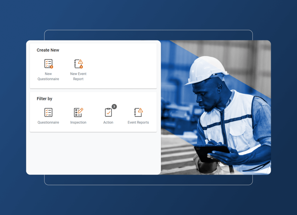 A digital dashboard displays options to create a new questionnaire or event report, filter by categories, and expand an accordion section. On the right, a worker in safety gear uses a tablet in a food industry setting.