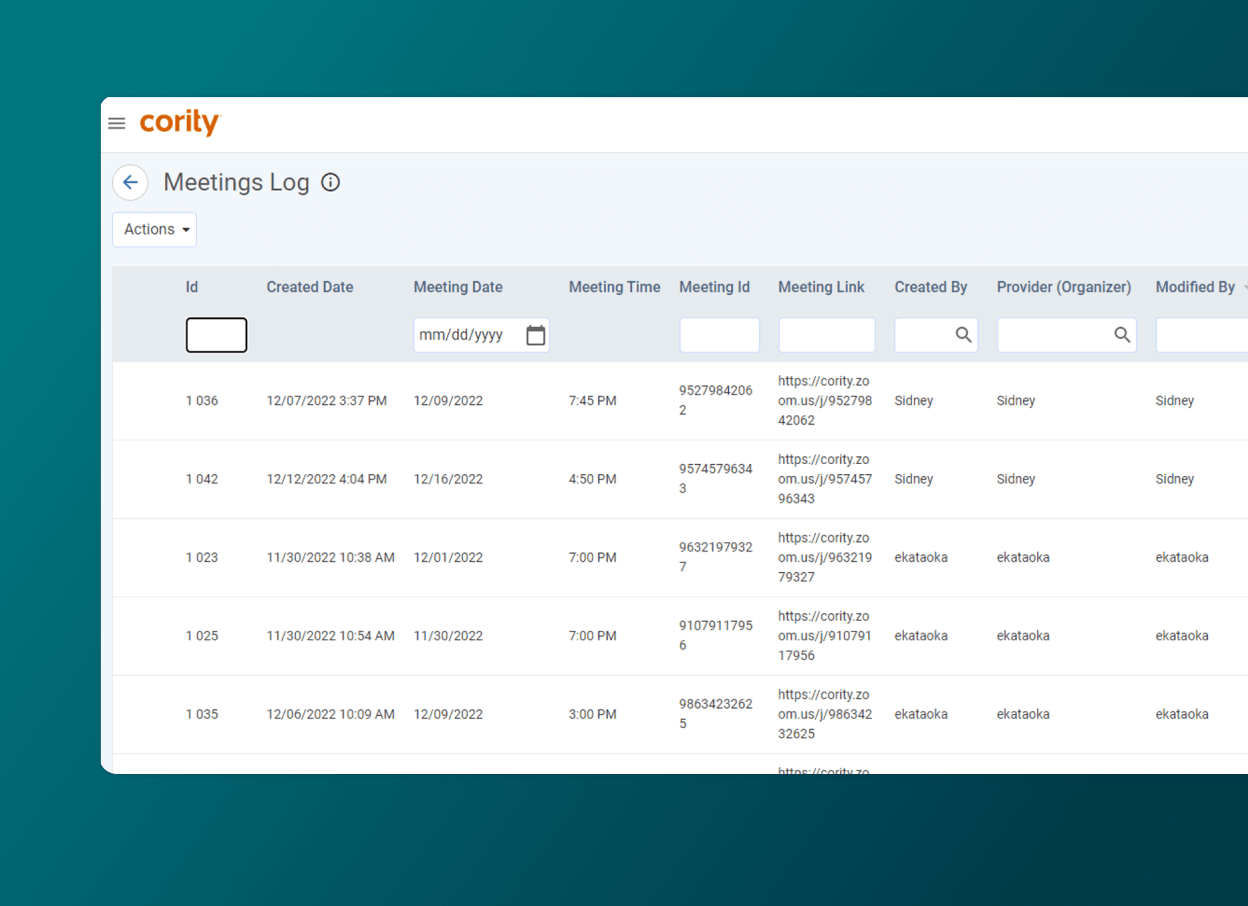 A computer screen displays a Meetings Log table from Cority Employee Health Software, listing meeting details such as date, time, ID, link, organizer, and person who last modified each entry. The background is a blue-green gradient.