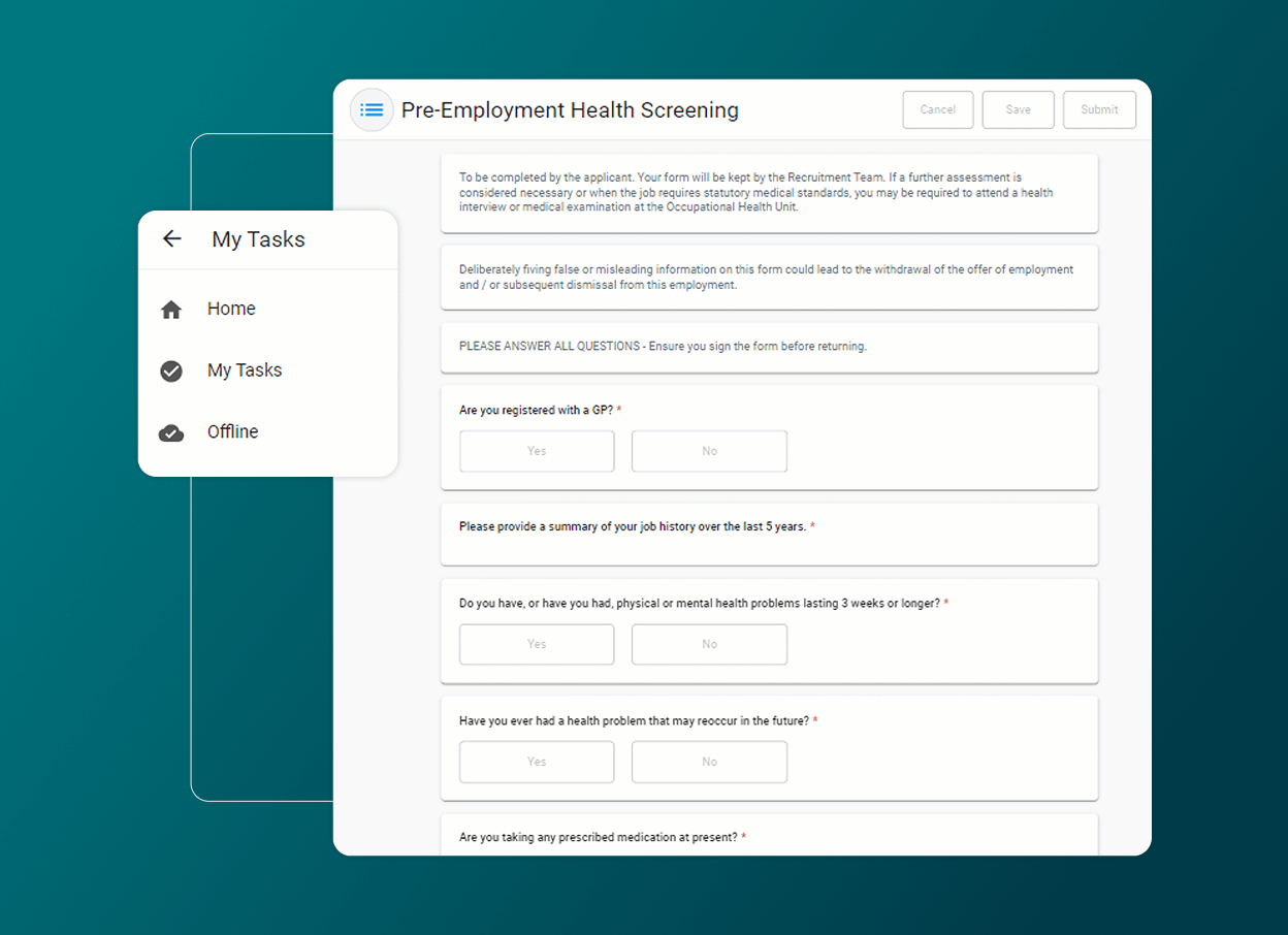 A pre-employment health screening form is displayed on a computer screen, incorporating an Accordion Section for medical history questions. A sidebar menu is open with options: Home, My Tasks, and Offline. The background is teal, reflecting Health Cloud integration.