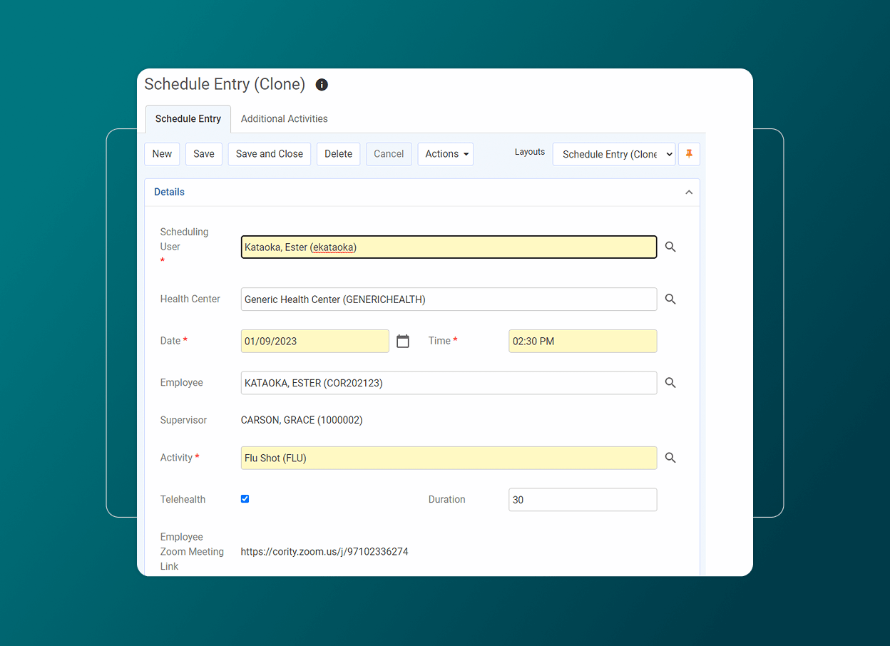 A scheduling form in Health Cloud displays information for a flu shot appointment, including user, health center, date, time, employee details, supervisor, activity, telehealth status, duration, and a Zoom meeting link in an Accordion Section.
