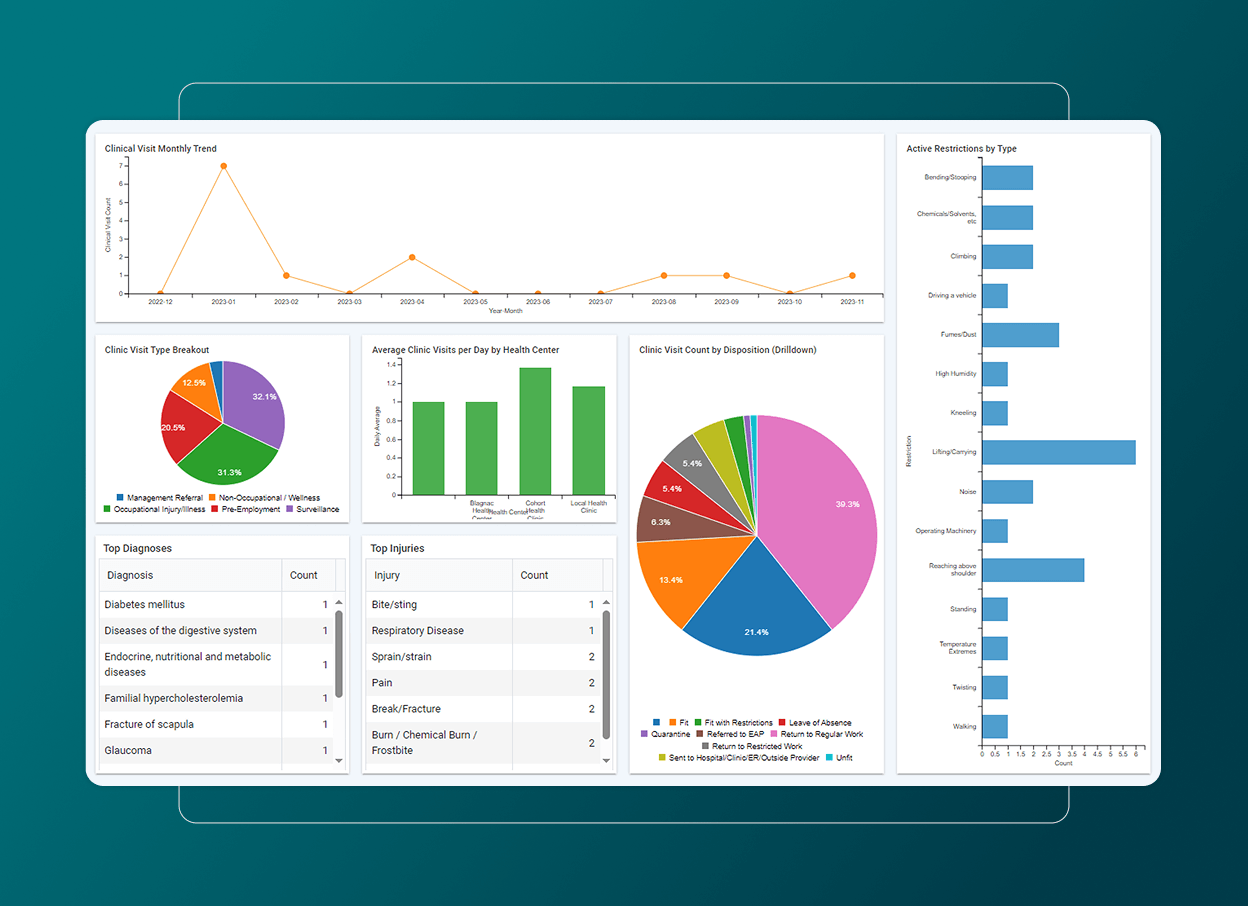 Dashboard showing medical clinic data in Health Cloud: line graph of monthly visits, two pie charts of visit types and disposition, bar chart of restrictions by type, a table with top diagnoses and injuries, plus a bar graph of average clinic visits by center.