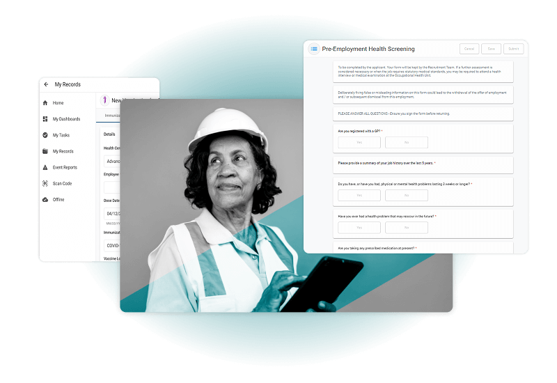 A Black woman in a safety vest and hard hat holds a tablet. Behind her, two semi-transparent screens display an Employee Health Software screening form and a digital records dashboard.