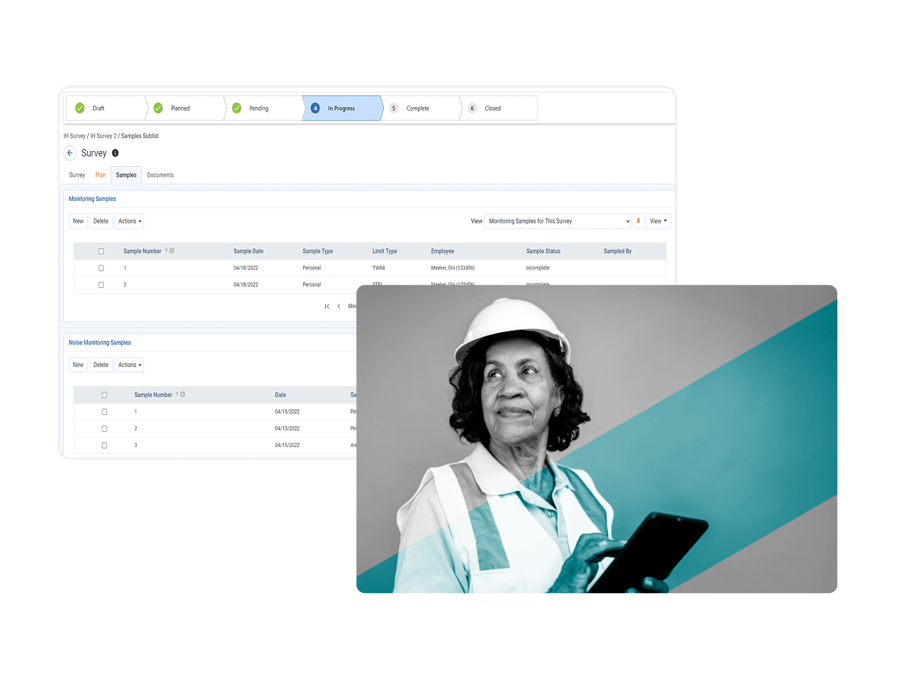 A screenshot of an Industial Hygiene Software survey management dashboard with status tabs is shown in the background. In the foreground, a Black woman wearing a hard hat and safety vest holds a tablet and looks to the side.