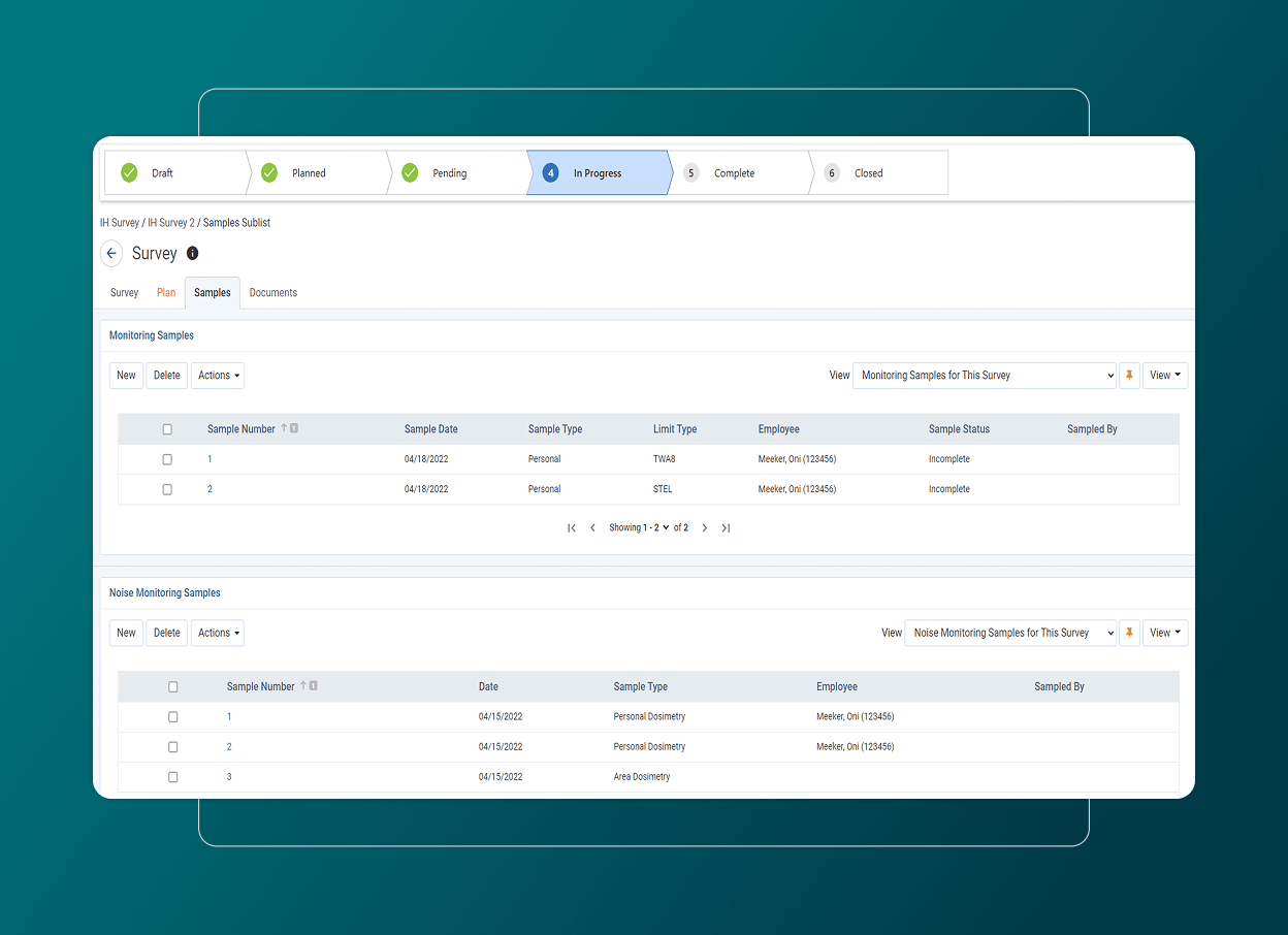 A digital dashboard displays an Employee Health Software survey interface with sample tables, showing statuses, dates, types, employees, and actions for monitoring and noise samples on a teal background.
