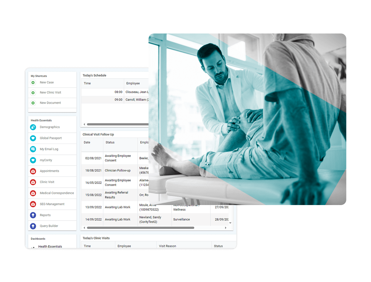A doctor in a white coat examines a patient's arm in a clinic. Behind them, a computer screen displays Occupational Health Software with icons, patient details, and lists of clinical visits and follow-ups.