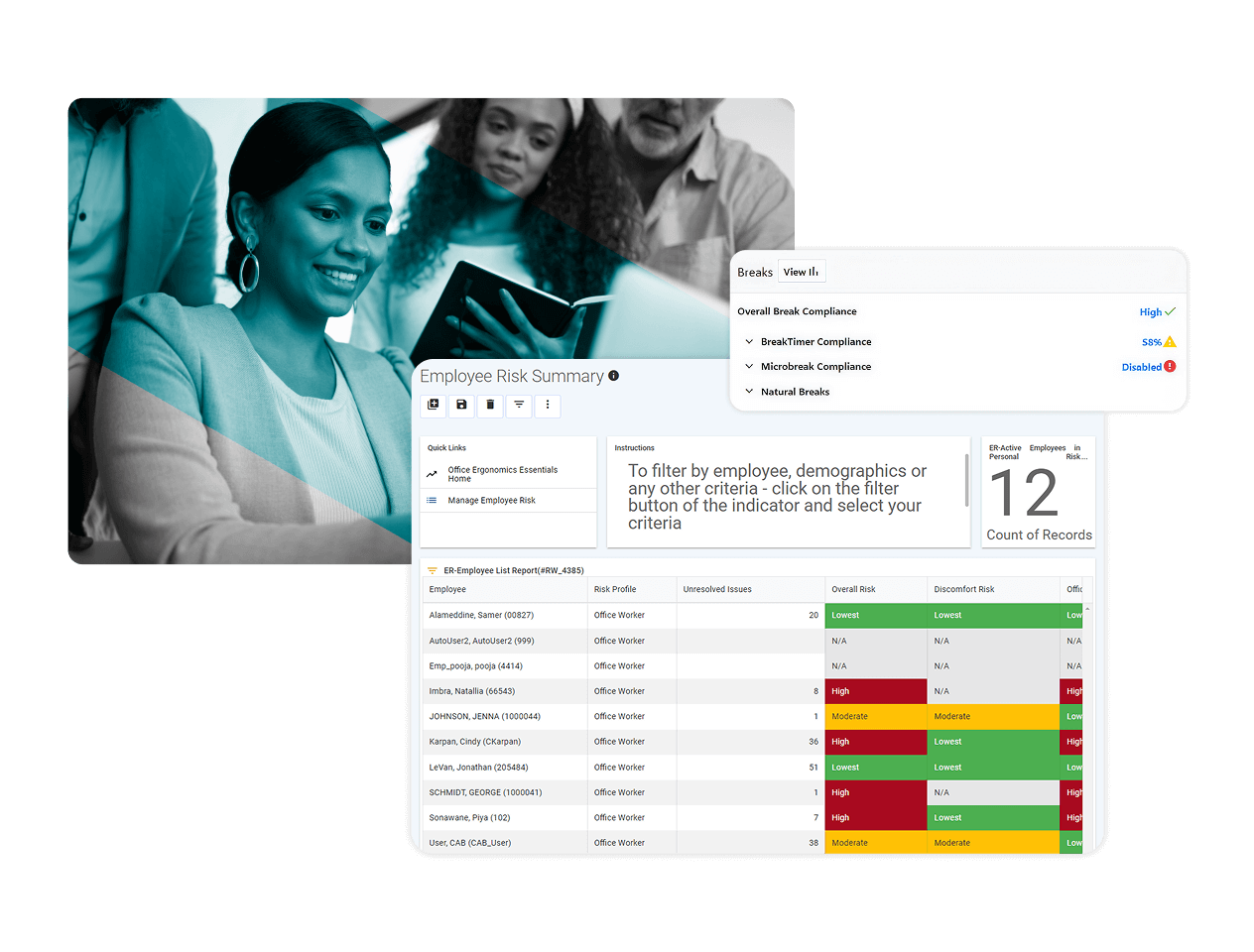 A woman smiles while working on a laptop with Ergonomic Software, overlaid by a screenshot of an employee risk summary dashboard displaying compliance indicators, risk levels, and a records table.