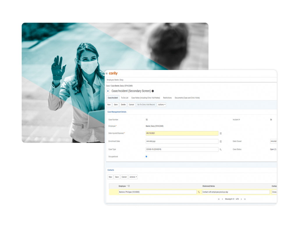 A woman wearing a mask and gloves waves, overlaid by a screenshot of industrial hygiene software displaying fields for COVID-19 case details and contact information.