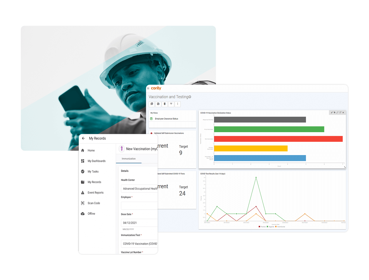 A construction worker wearing a hard hat uses a smartphone. Overlaid are screenshots of Vaccination Management Software dashboards displaying vaccination and testing records, charts, graphs, and easy-to-navigate menus.
