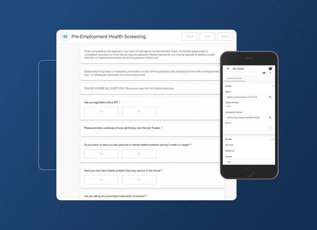 A digital pre-employment health screening form for the hospital industry is shown on a computer, next to a smartphone displaying a task list. Both devices present medical forms on a blue background with an accordion section for easy navigation.