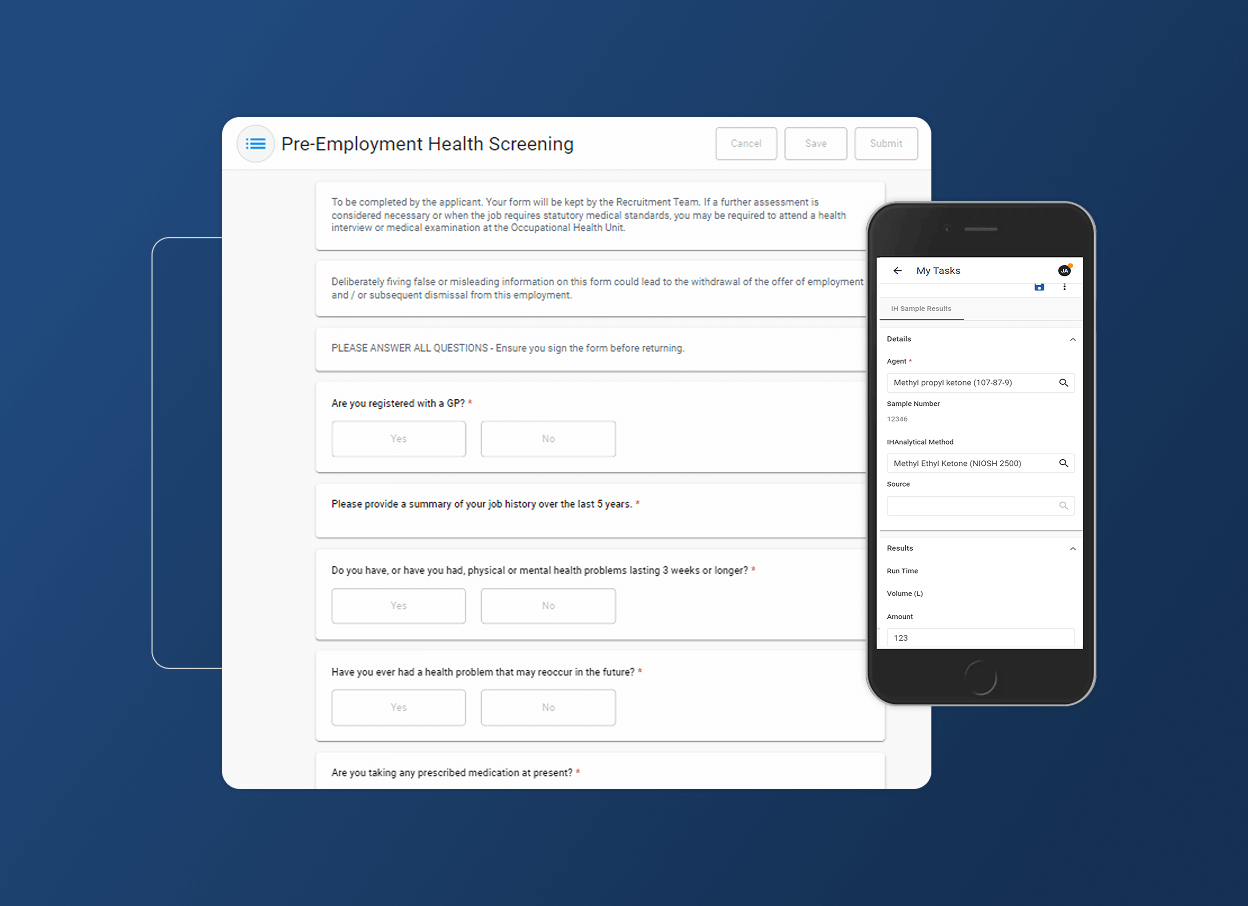 A digital pre-employment health screening form for the hospital industry is shown on a computer, next to a smartphone displaying a task list. Both devices present medical forms on a blue background with an accordion section for easy navigation.