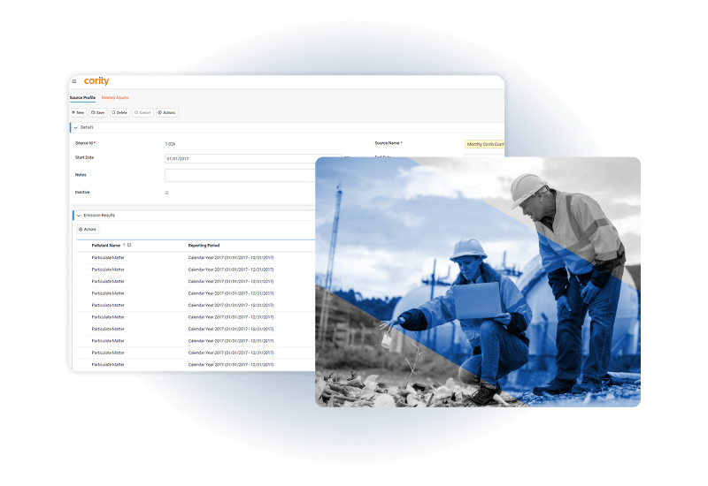 A screenshot of an Industial Hygiene Software dashboard showing permit statuses overlaps with a semi-transparent photo of two construction workers reviewing documents at a worksite.
