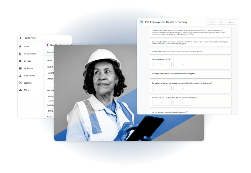 A woman in a safety vest and hard hat smiles while holding a tablet. Behind her, digital screens display medical records and a pre-employment health screening form powered by Industrial Hygiene Software.