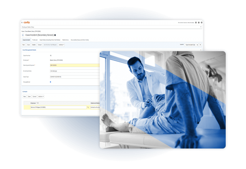 A digital interface displaying a patient record on a computer screen is overlaid with an image of a doctor examining a patient’s knee, highlighting how Industrial Hygiene Software supports attentive and engaged clinical care.