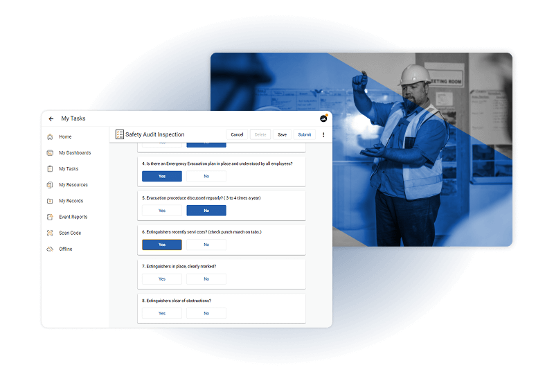 A split-screen image shows a digital safety audit inspection form powered by Industrial Hygiene Software on the left and a construction worker in safety gear inspecting a site with a clipboard on the right.
