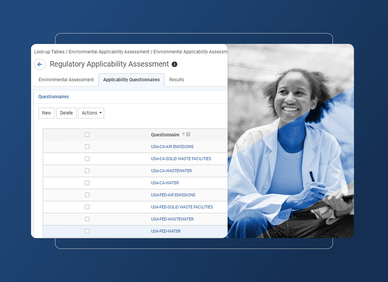 A digital interface displays a Regulatory Applicability Assessment questionnaire list with an accordion section, overlaid with a grayscale photo of a smiling person in a lab coat, set against a blue background—ideal for the manufacturing industry.