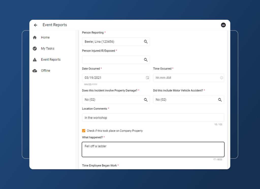 A digital event report form, tailored for the Metals Industry, is displayed on a blue background with an Accordion Section revealing fields for incident details like date, time, location, and a description noting: Fell off a ladder.