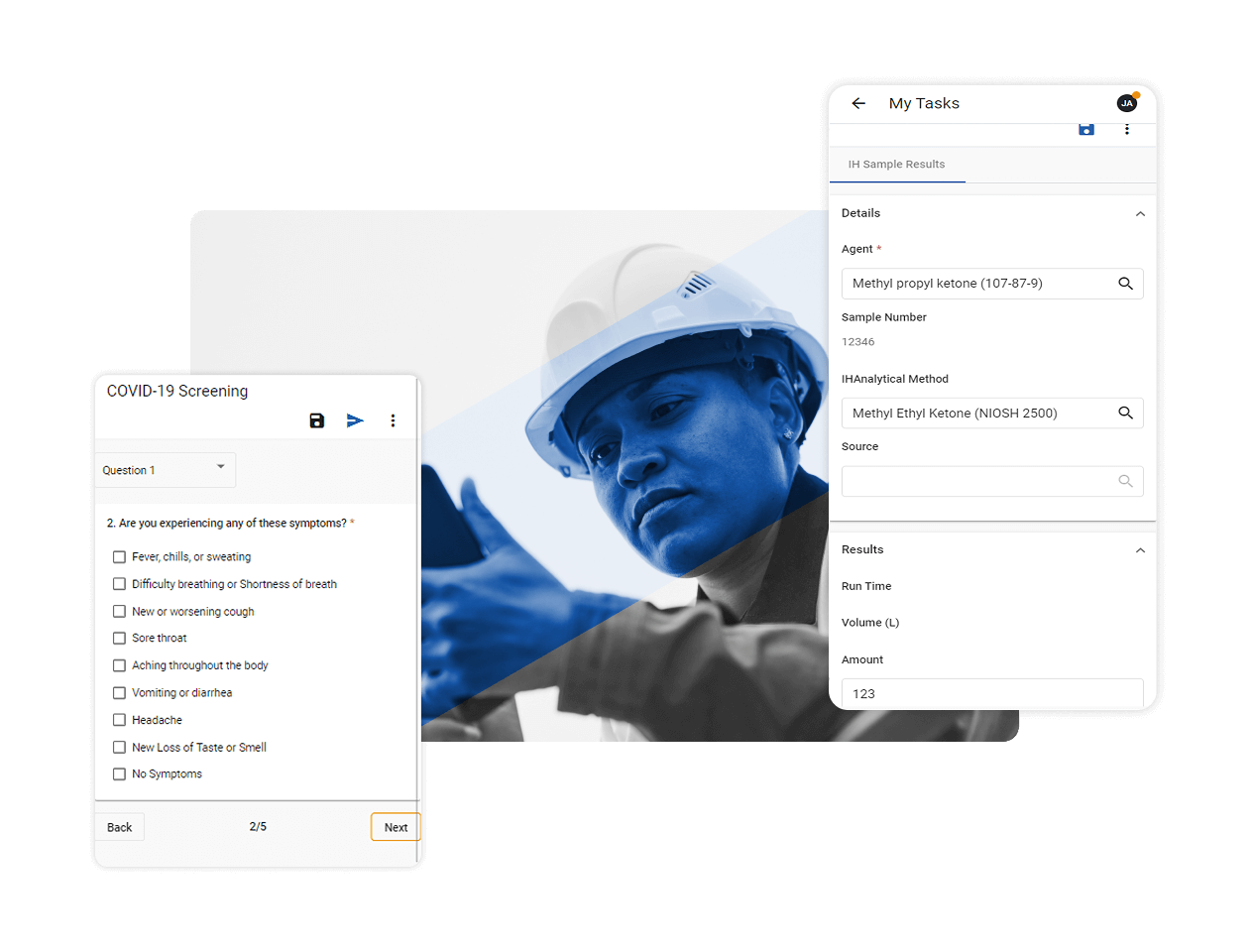 A digital interface powered by Mobile EHS Software displays a COVID-19 screening questionnaire and chemical test results, overlaid on a blue-toned image of a person in a hard hat and safety gear inspecting equipment.