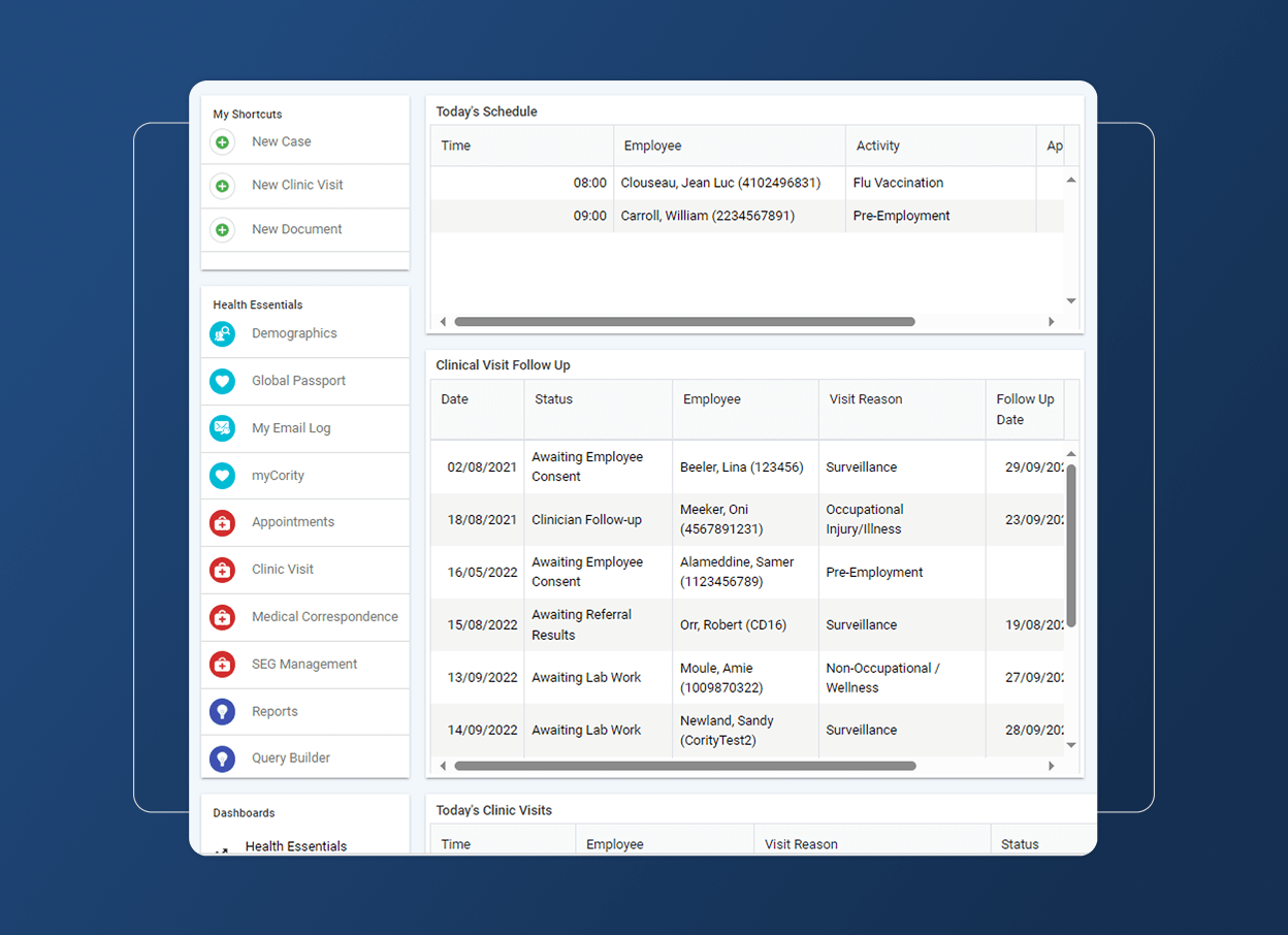 A dashboard displays a clinic’s schedule, patient follow-ups, and visit lists. The left sidebar features navigation icons, menu items, and an Accordion Section for quick access, while the main area organizes employee appointments and clinical visit statuses in tables.