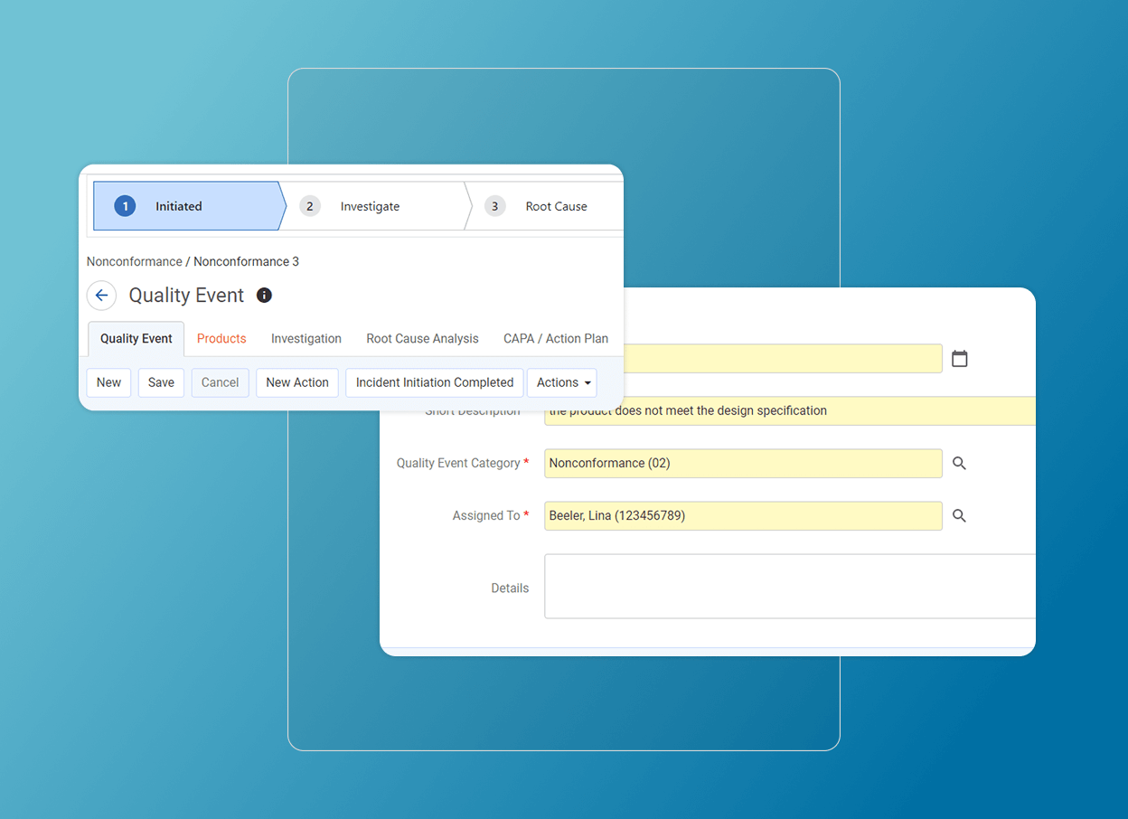 A screenshot of a software interface showing a Quality Event form, tabs for navigation, and fields for event, assignee, and details. The Cloud Accordion Section is expanded, with a menu open displaying options like New Action and Incident Initiation Completed.