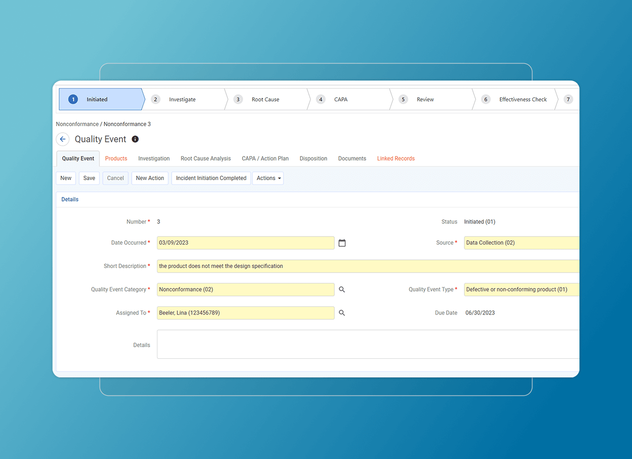 A screenshot of a Quality Event form on a software interface, featuring fields like short description, product involved, event type, and assignee. The form is displayed over a blue gradient background with a Cloud Accordion Section enhancing navigation.