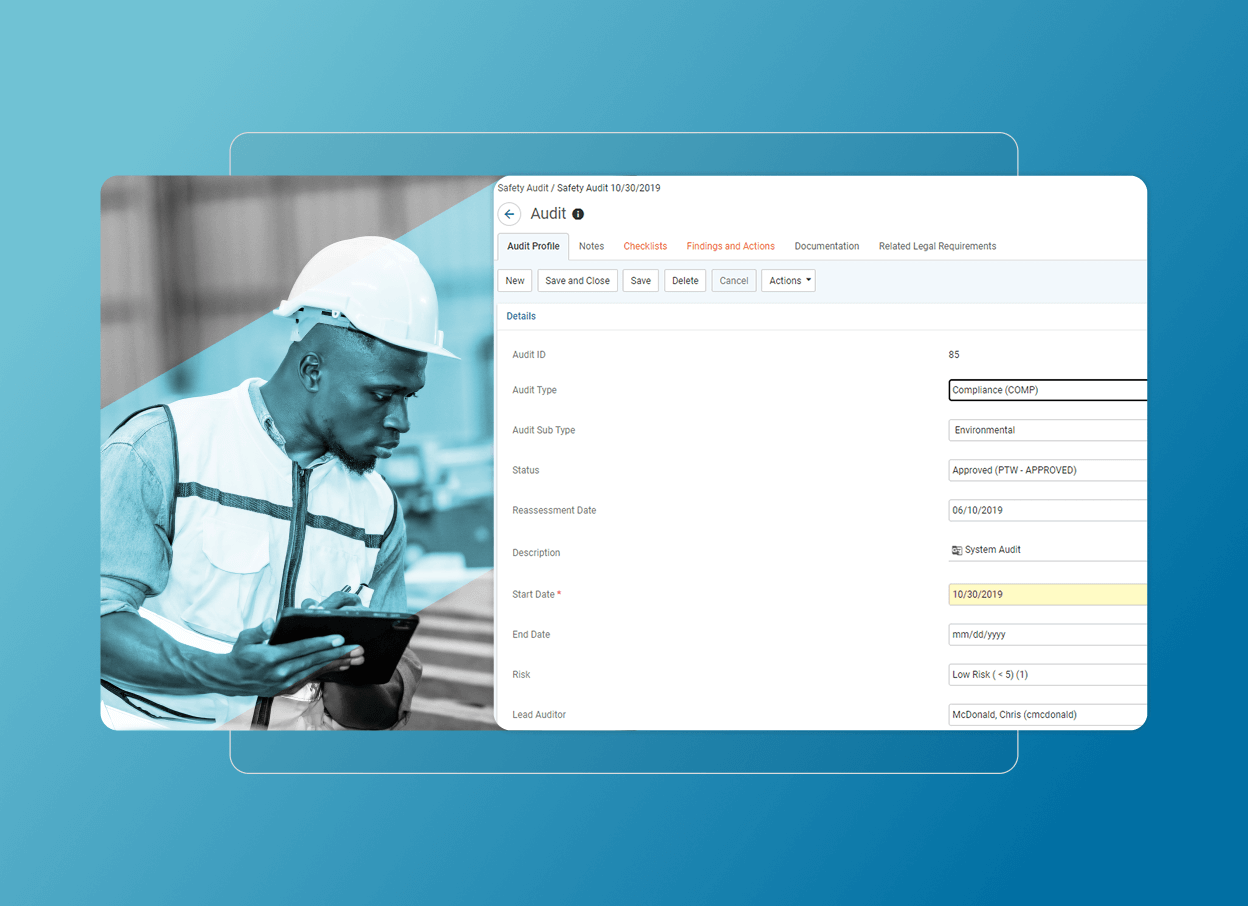 A construction worker in safety gear uses a tablet. Next to him, a computer screen displays an audit checklist in a Cloud Accordion layout, showing status, description, and start/end date on a blue background.