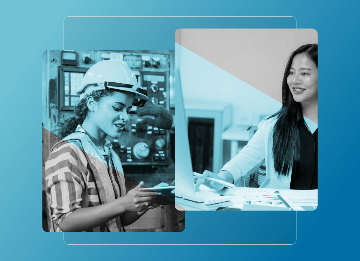 Two women working in different environments: one using a tablet in an industrial setting with a hard hat, and the other at a desk with papers, smiling at her computer—both seamlessly connected by the Cloud Accordion Section.