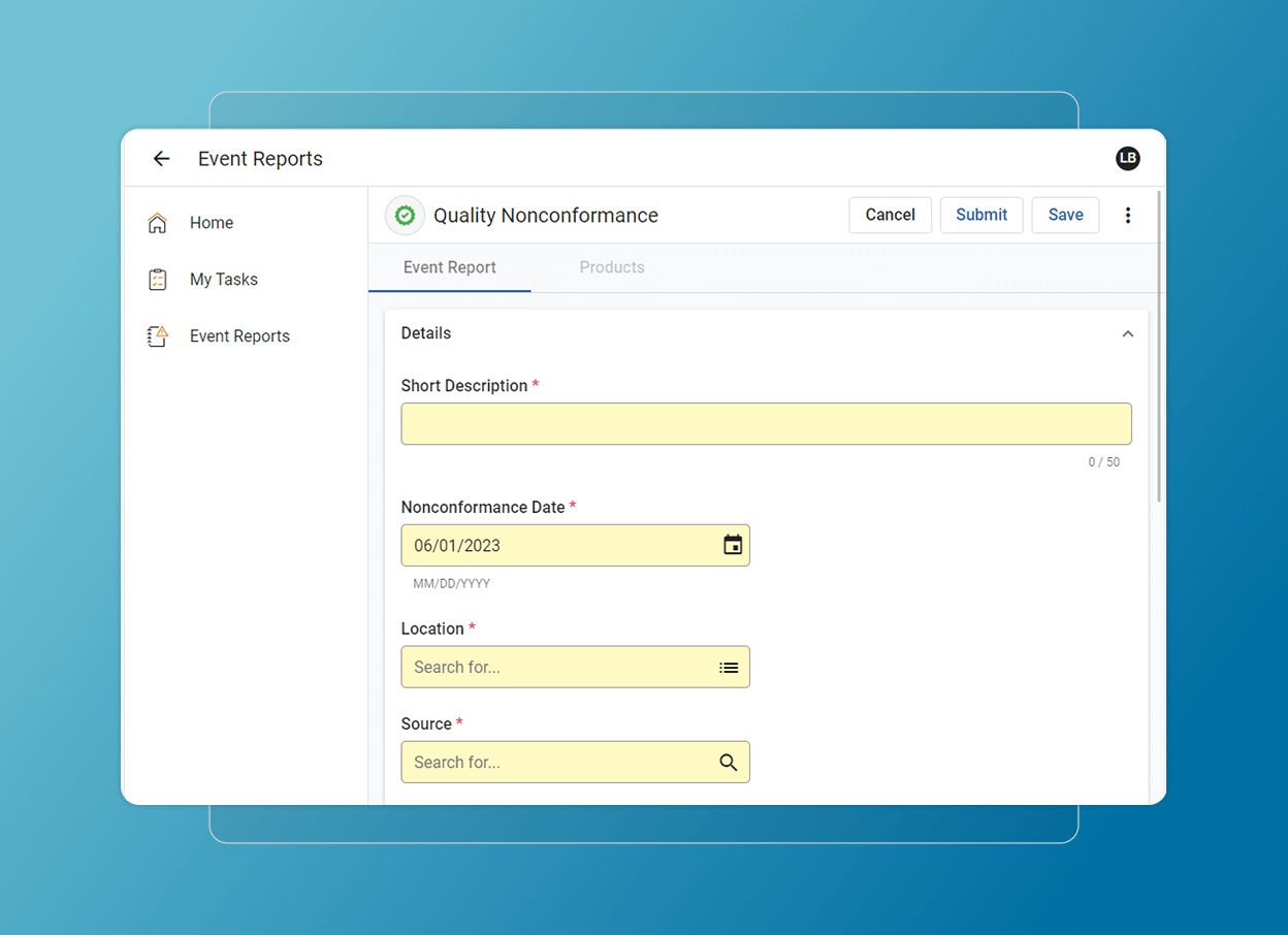 A digital form titled Quality Nonconformance is open on the Quality Cloud interface, showing fields for description, date, location, and source. Navigation options appear on the left, with Cancel, Submit, and Save buttons at the top.