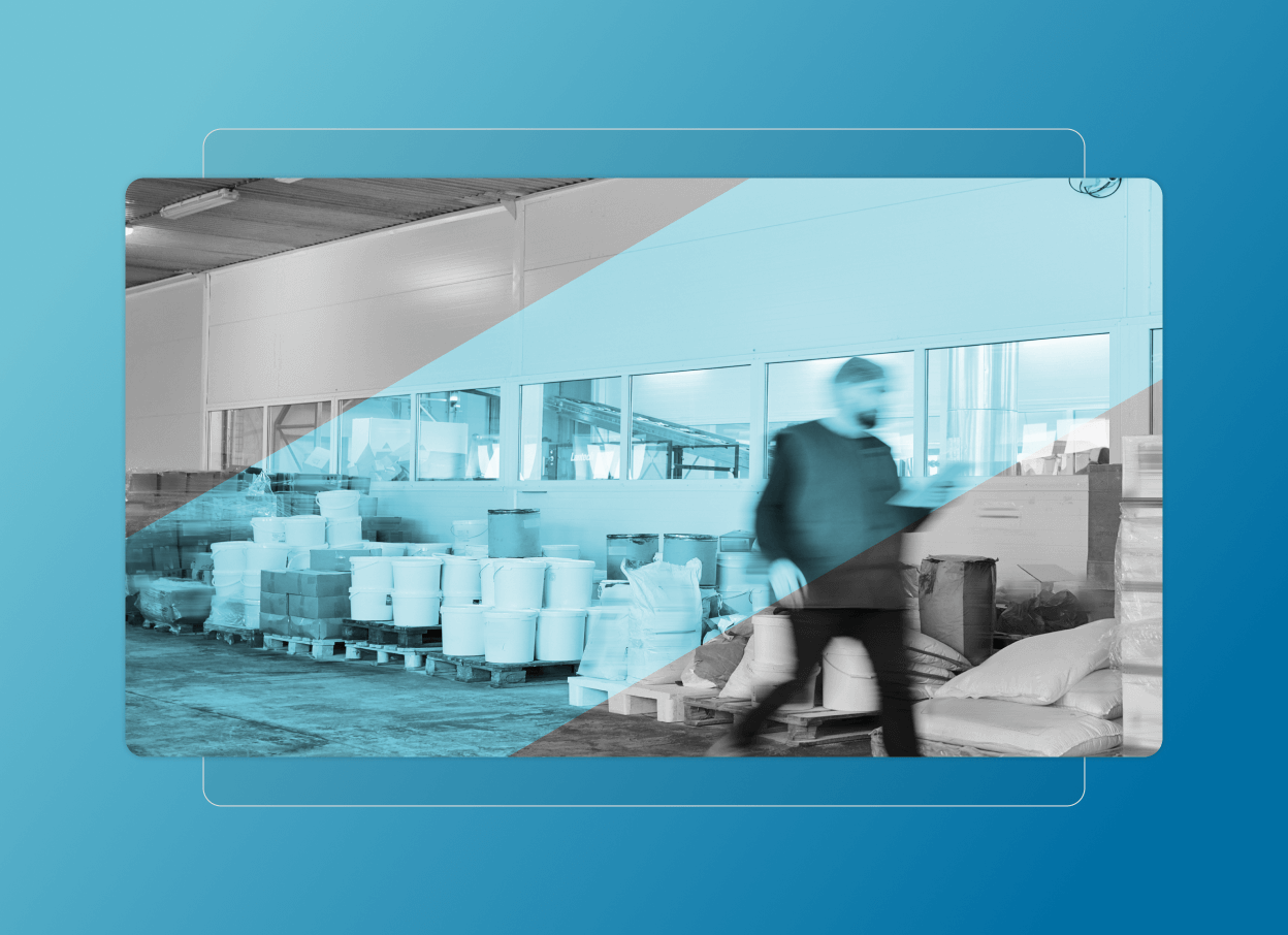 A blurred person walks through a warehouse filled with large white containers and stacked bags, as blue-toned filters and geometric shapes overlay the image, creating a dynamic scene reminiscent of a Cloud Accordion effect.