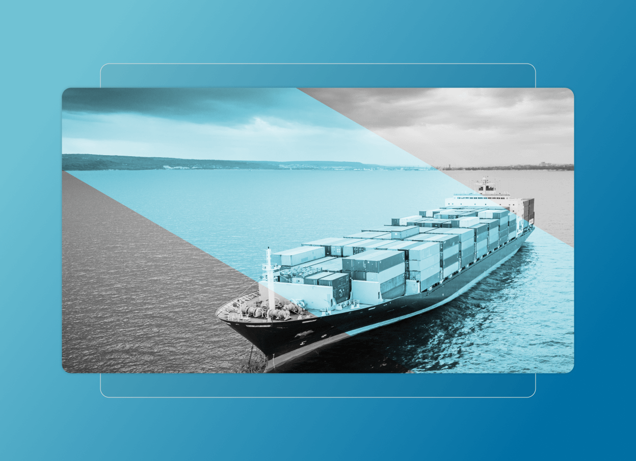 A large cargo ship loaded with containers sails on calm water, enhanced by a stylized blue and gray overlay and a gradient blue background, evoking the seamless flow of a Quality Cloud Accordion Section.