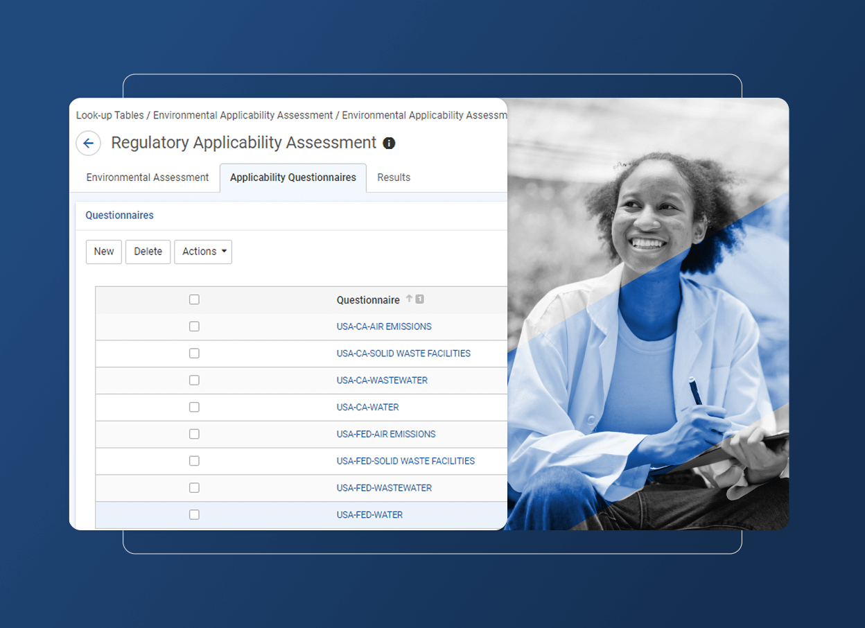 A digital interface with an Accordion Section displaying a Regulatory Applicability Assessment questionnaire overlaps a grayscale photo of a smiling woman in a lab coat, sitting outdoors. The background is a solid blue color, hinting at its relevance to the Retail Industry.