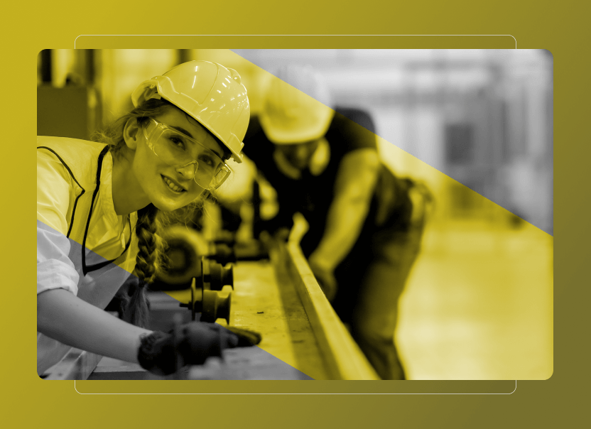 A woman wearing a hard hat, safety goggles, and gloves smiles while working with machinery; another person in similar protective gear works in the background. The image features a yellow overlay, geometric design elements, and a subtle Safety Cloud motif.