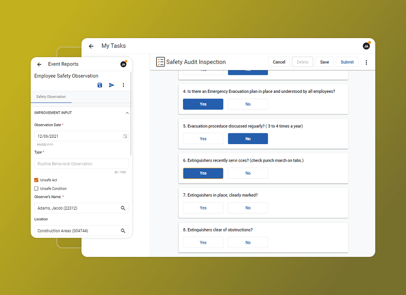 A digital dashboard in Safety Cloud displays an Employee Safety Observation event report form and a Safety Audit Inspection checklist with Yes/No options, all organized within an Accordion Section against a yellow gradient background.